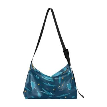 Imagem de Bolsa Hobo Feminina de Couro PU Azul Escuro Bonito Crocodilo Bolsa de Couro Grande Estampa Animal Colorida Bolsa Hobo, Crocodilo fofo azul escuro