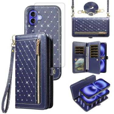 Imagem de Capa de celular para iPhone 16 Plus 17.0 cm carteira magnética destacável com protetor de tela alça transversal Bling Flip suporte para cartão de crédito i Phone16 16+ i16 + 16Plus feminino azul