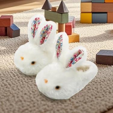 Imagem de Chinelos infantis para meninos e meninas, coelhinhos, fofos, antiderrapantes para inverno, adequados para ambientes internos e externos, Branco, 19-21