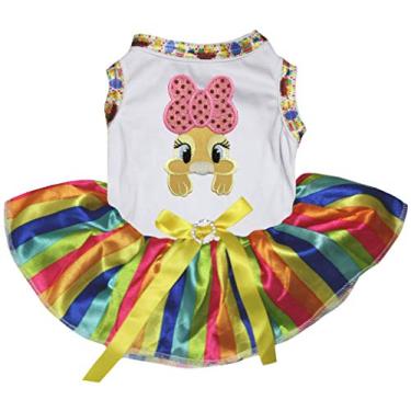 Imagem de Petitebella Vestido para cachorro com laço rosa (branco/listrado arco-íris, 3GG)