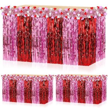 Imagem de DTOFOOT Pacote com 2 saias de mesa para o dia dos namorados, decorações de mesa de festa com franjas metálicas vermelhas e rosa para jantar romântico, aniversário ou festa de Galentine