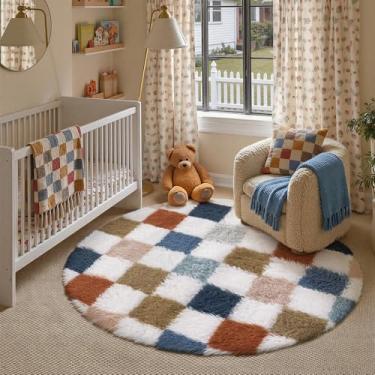 Imagem de PureCozy Tapete quadriculado 10 x 10 para sala de estar, tapete felpudo moderno arco-íris super macio, lavável, tapete felpudo antiderrapante para quarto, casa, decoração estética