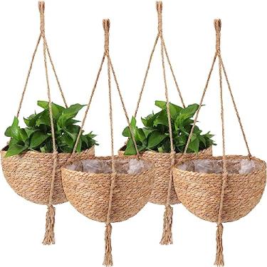 Imagem de Conjunto de 4 peças de cestas para pendurar para plantas, cabides de corda de juta para plantas, vaso de flores tecido à mão com forro de plástico impermeável para uso interno Boho planta suspensa para decoração de quintal, 30 cm (D) 20 cm (A)