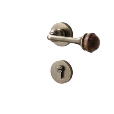 Imagem de PXNQMTJM Fechadura de porta de quarto estilo medieval em nogueira retrô maçaneta de porta de madeira fechadura magnética (fechadura magnética)