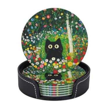 Imagem de Pacote com 6 porta-copos coloridos de couro para gatos de jardim com suporte - conjunto de porta-copos fofos para cozinha, café, vinho, escritório, bar, decoração de mesa, redondo