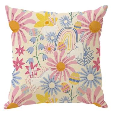 Imagem de ZAEW Capa de almofada de flores coelhinho ovos coelhos Páscoa fronhas decorações para casa de fazenda sofá sofá capa de almofada festa decoração de férias 16x16 polegadas