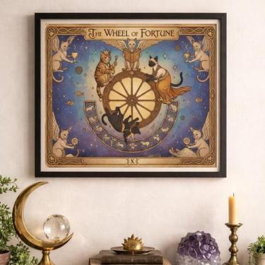 Imagem de Quadro Carta Tarot Gatos Roda Fortuna 24X18Cm Mold Branca - Quadros On