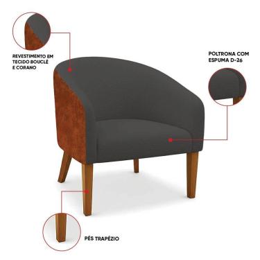 Imagem de Poltrona Sala Decorativa Kit 2 Stella Pé Madeira Trapézio Castanho Sintético Pu D03 - D'rossi Nozes-bouclê Grafite