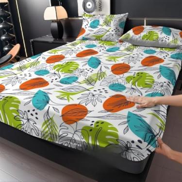 Imagem de Jogo de Lençol Listras Preto e Branco 3 Peças Percal Estampado Solteiro/Casal/Queen(Tropical verde,Queen 03 Peças)