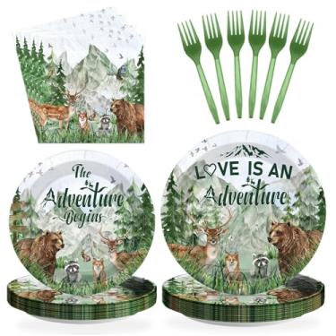 Imagem de Greencian 96 peças The Adventure Begins Party Supplies Love Is an Adventure, placas e guardanapos, tema floresta, conjunto de utensílios de mesa para chá de panela, casamento, caminhada, festa