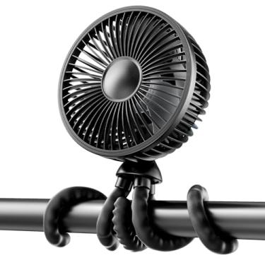 Imagem de Gaiatop Ventilador para carrinho de bebê, mini ventilador portátil oscilante de 4000 mAh com luzes, 4 velocidades Operado por bateria 360 ° Girar tripé flexível Pequeno clipe no ventilador portátil Ventilador de mesa para assento de carro berço viagem preto
