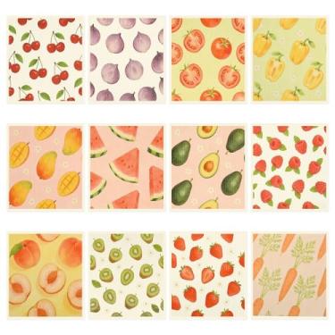 Imagem de Conjunto de 12 peças de panos de prato estilo fruta sueco absorvente, toalha de cozinha padrão vegetal, panos de limpeza de impressão reutilizáveis para limpeza de banheiro de bancada de vidro