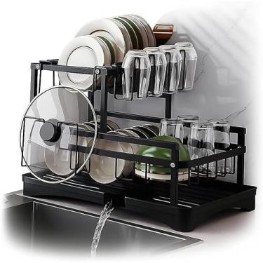 Imagem de Escorredor de Louça em Aço Carbono Preto com Bandeja de Drenagem, Suporte para Copos, Talheres e Tábuas – Compacto, Resistente, Antiferrugem – Organizador de Pia Cozinha Moderna
