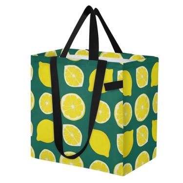 Imagem de SEHANY Sacolas de compras reutilizáveis de verão limão com alças reforçadas, bolsa de compras de lona dobrável à prova d'água de grande capacidade para viagem, cozinha, praia