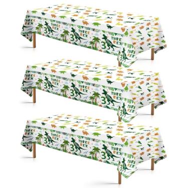 Imagem de Greencian 3 peças de toalha de mesa de dinossauro para decoração de 3 anos, toalha de mesa de dinossauro, 3 Rex, decoração de festa de dinossauro, temática para meninos de 3 anos, artigos de festa de