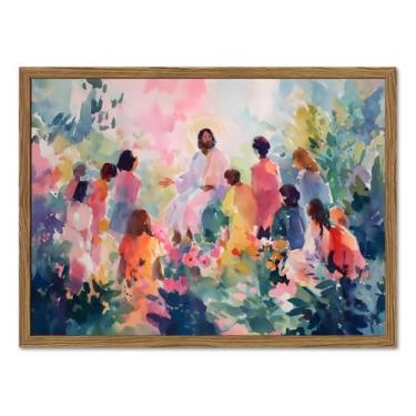 Imagem de Arte de parede emoldurada Jesus com crianças, Jesus Cristão ensinando pinturas de decoração de parede, pôster religioso de berçário impressões em tela para sala de oração quarto 30 x 40 cm