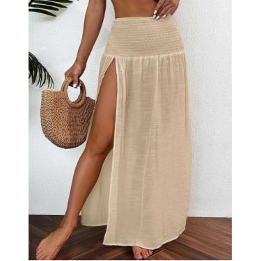 Imagem de Saia Longa Feminina Fenda Lateral Saida de Praia Franzida Elástico Mod