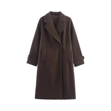 Imagem de Casaco Feminino De Lã Marrom Outono Inverno Quente Elegante Com Gola E