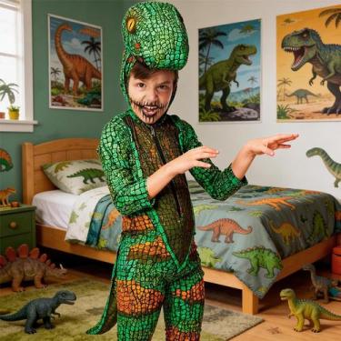 Imagem de Fantasia Dinossauro Rex Infantil Macacão Kigurumi Longo com Cauda e Ca