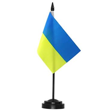 Imagem de Conjunto de bandeira de mesa de luxo Anley Ucrânia - 6 x 4 polegadas bandeira de mesa UKR UA em miniatura ucraniana com poste sólido de 12" - cor vívida e resistente ao desbotamento - base preta e topo de lança