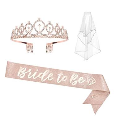 Imagem de Cinto para noivas, véu de noiva com tira de pano rosa com glitter rosa, decorações de chá de noiva com tiara de noiva, decorações de festa de despedida de solteira em ouro rosa para suprimentos de despedida de solteira