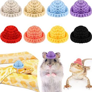 Imagem de 8 peças de mini chapéu fofo para animais de estimação com tira elástica ajustável no queixo, chapéu de malha para hamster de cobra, porquinho-da-índia, pequenos acessórios para decoração de animais de répteis