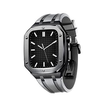 Imagem de TONECY Capa de metal com pulseira para Apple Watch 45mm 44mm com pára-choques, capa protetora resistente de aço inoxidável masculina com pulseira de silicone kit Mod (cor: preto cinza,
