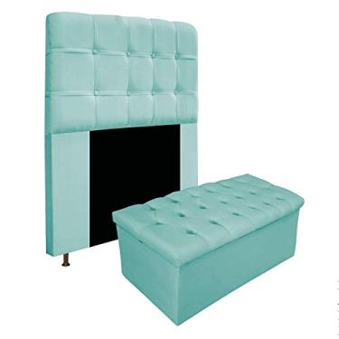 Imagem de Kit Cabeceira e Calçadeira Baú Estofada Mel 100 cm Solteiro Com Botonê Suede Azul Tiffany - Doce Sonho Móveis