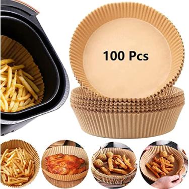 Imagem de Forro de papel descartável Air Fryer 100 peças revestimentos descartáveis antiaderentes papel de cozimento para fritadeira a ar à prova de óleo, à prova d'água, grau alimentício para assar assar no micro-ondas (20 cm)