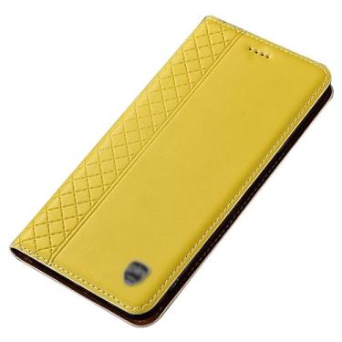 Imagem de PuRoxx Capa flip para Samsung Galaxy S24 Ultra/S24 Plus/S24, capa de couro de vaca de primeira camada real, capa de telefone carteira retrô com compartimento para cartão, amarelo, S24