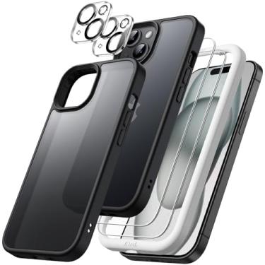Imagem de JETech 5 em 1 Capa Fosca para iPhone 15 Plus 6,7 Polegadas com 2 Pacotes Tela de Vidro Temperado e Protector Lente Câmera, Traseira Translúcido Capinha à Prova de Choque (Preto)