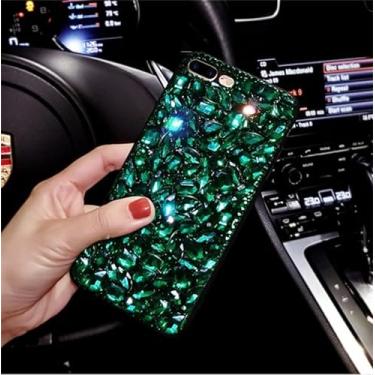 Imagem de HFICY Capa de telefone feminina com 2 peças de película de vidro, capa protetora feminina transparente macia com cristais de diamantes brilhantes (verde, para Alcatel 3L (2020))