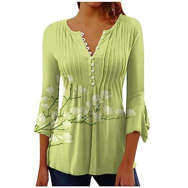 Imagem de SHOPESSA Blusa feminina de manga 3/4 floral para leggings anos 60 boho hippie tops primavera moda para mulheres 2024, Camisas estampadas femininas verdes, XXG