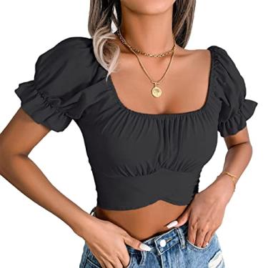 Imagem de Blusa Curta de Chiffon, Cor Pura, Elegante, Decote Elástico, Camiseta de Chiffon para Mulheres Ao Ar Livre (GG)