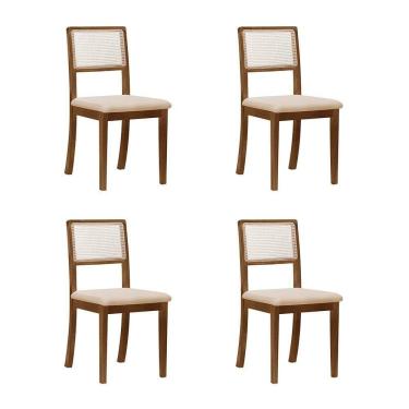 Imagem de Kit 4 Cadeiras De Jantar Madeira Maciça Imbuia Encosto Telinha Palha Estofada Veludo Bege Rubi