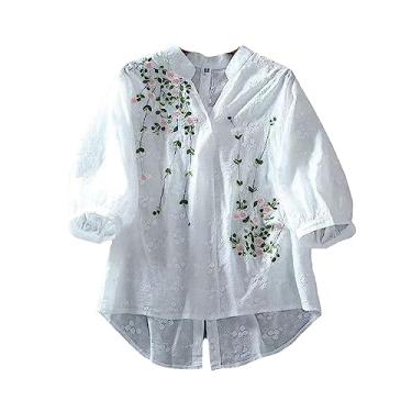 Imagem de Camisa de algodão literária feminina bordada flores blusas femininas gola V meia manga renda blusas verão fina camisa feminina, Branco, M