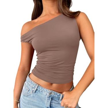 Imagem de Trendy Queen Camisetas femininas com ombros de fora, sem mangas, regatas cropped justas Y2K, roupas de verão 2024, Cinza-café, GG