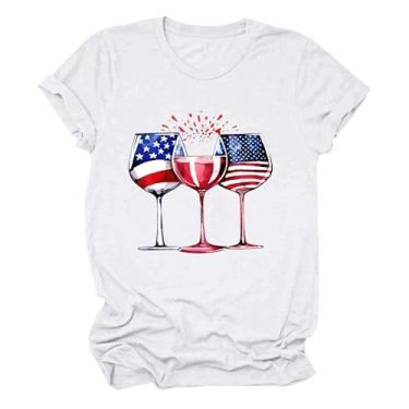Imagem de Camisetas femininas PKDong de 4 de julho com gola redonda, manga curta, dia independente, estampada, taças de vinho, camisetas de verão 2024, Branco, P