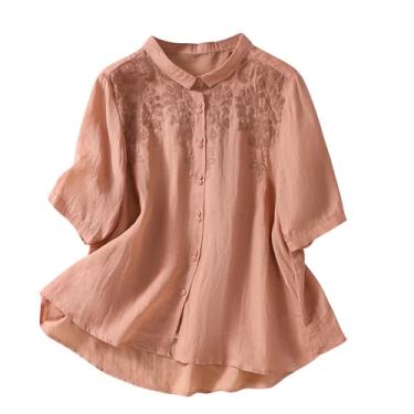Imagem de DOVWOER Túnica feminina de algodão e linho bordada, blusa de botão, 25510 Laranja, XG