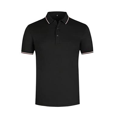 Imagem de Polos de golfe masculinos, cor sólida, gola listrada, camisa esportiva de poliéster, ajuste fino, leve, ajuste regular, verão, respirável(Color:Black,Size:S)