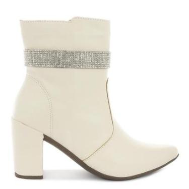Imagem de Bota Feminina Branca Off White Tira Strass Cano Curto Bico Fino Salto Bloco Grosso-Feminino