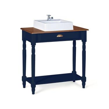 Imagem de Bancada Aparador Mini Lavabo 1 Gaveta e Prateleira com Cuba Linz Móveis - Azul Petróleo/Imbuia Glazer