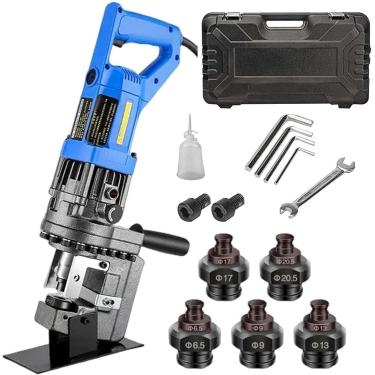 Imagem de Perfurador hidráulico elétrico de aço, máquina perfuradora de placa 1300w com interruptor de pedal Quick-Plug para aço/aço angular/ferro/cobre/placa de alumínio com 5 matrizes de perfuração,