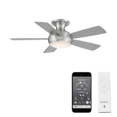 Imagem de Ventilador de teto WAC Smart Fans Odyssey para ambientes internos e externos, 5 lâminas, montagem embutida, casa inteligente, 111,8 cm, níquel escovado com kit de luz LED de 3000 K e controle remoto