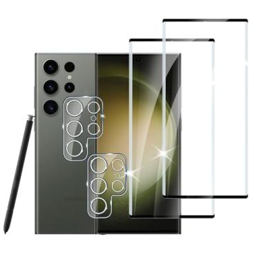 Imagem de 【Pacote com 2 + 2】 Projetado para Samsung Galaxy S23 Utra protetor de tela compatível com capa protetora, curva 3D, protetor de tela Galaxy S23 Utra vidro temperado película para celular HD