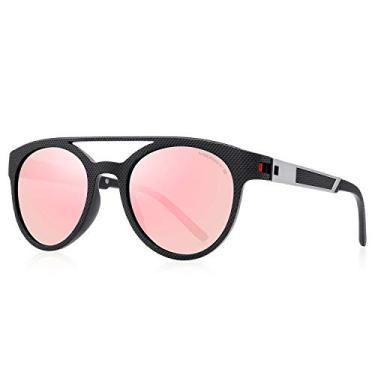 Imagem de MERRY'S Óculos de sol polarizados masculinos leves TR90 armação dupla ponte redonda, Armação preta/lente espelhada rosa, Free
