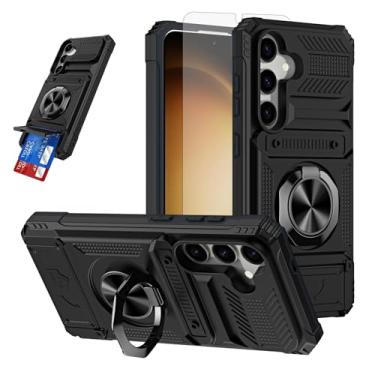 Imagem de Furiet Capa de celular para Samsung Galaxy S23 5G com protetor de tela de vidro temperado, compartimentos para cartões, suporte de anel de silicone macio, híbrido, duas camadas, defensor para S 23 23S