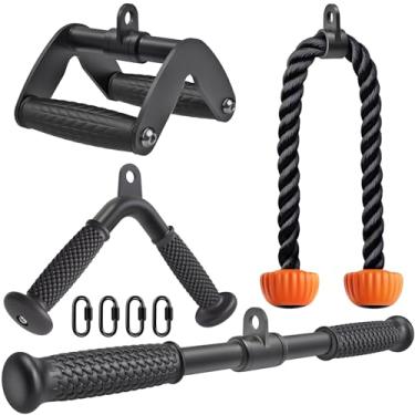 Imagem de SELEWARE Acessórios de máquina de cabo resistente - corda tríceps de 71 cm, barra reta suspensa LAT de 45,7 cm, barra em forma de V, alça dupla em D - perfeita para ginástica em casa e treinamento de