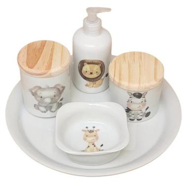 Imagem de Kit higiene bebê Safari 5 peças - Bandeja Redonda, potes, porta álcool
