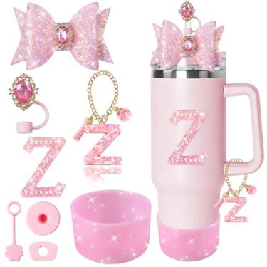 Imagem de XIANGYUAN Conjunto de 8 peças de acessórios rosa brilhante para copo Stanley Cup 850 g 1,134 g com alça, incluindo tampa de cobertura de palha de silicone, tampa à prova de derramamento, pingente de